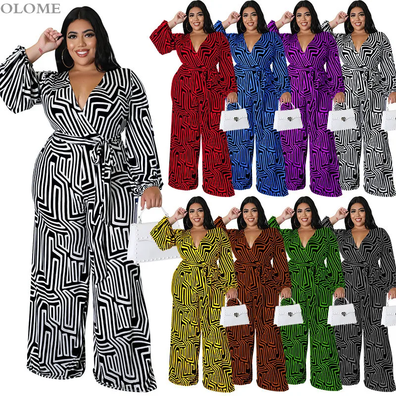 

Pattern Printing Women Jumpsuit Autumn 2022 New Arrivals V Neck Full Sleeves Sash Elegant Office Lady Rompers for Party Club