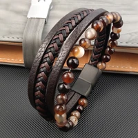 vintage multilayer genuine brown leather men bracelet agate stone bead bracelet stainless steel jewelry male wrist bangle gift