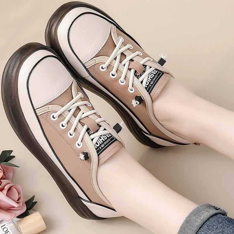 CICIYANG Genuine Leather Women Spring Flats Shoes 2023 New Lace-up White Shoes Casual Soft Sole Loafers Ladies Sneakers Handmade