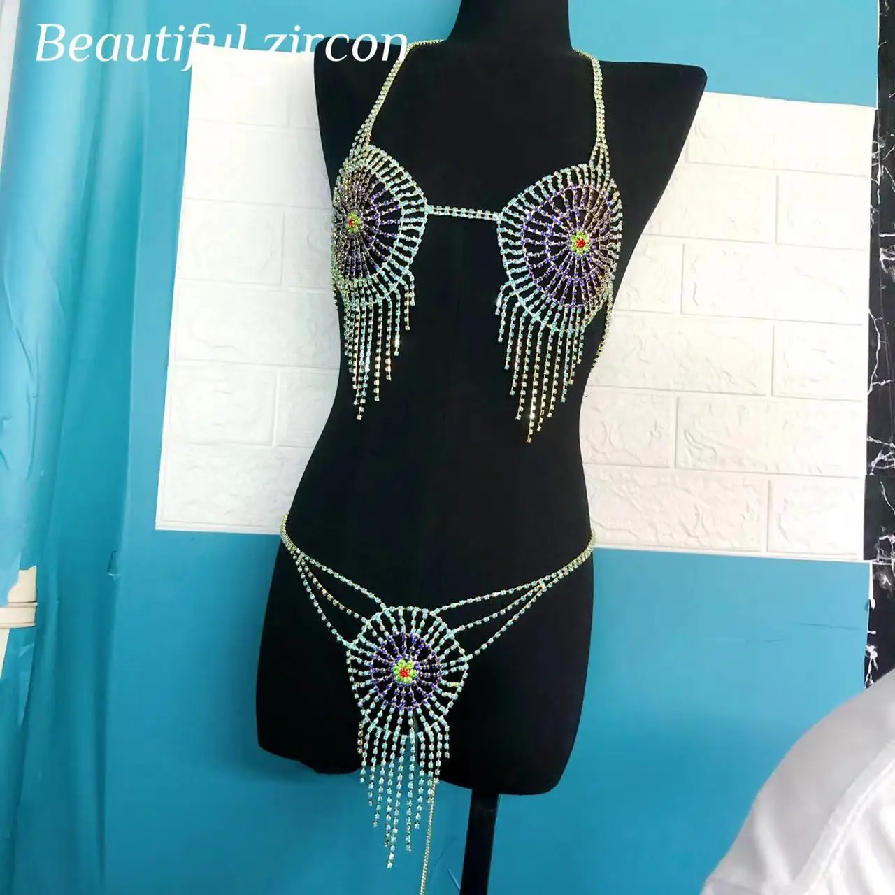 

2022 new women's sexy Rhinestone tassel bra body chain set sling backless crystal underwear thong nightclub party jewelry access