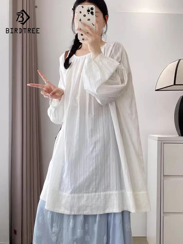 Женская хлопковая рубашка с длинным рукавом полосатая блузка круглым вырезом