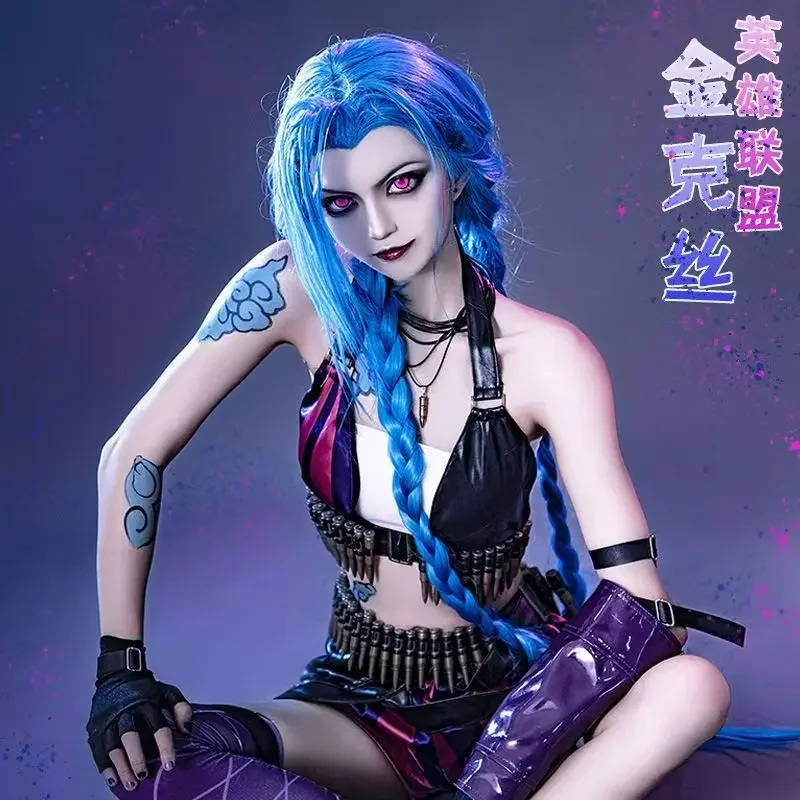 S-XL Jinx Косплей Костюм Парик Татуировка Наклейка Полный комплект Аниме Игра League of