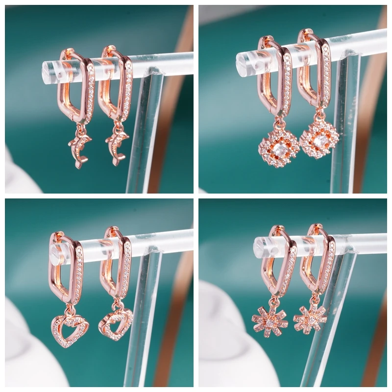 

Yunkingdom Luxury Designer Rose Gold Crystal Hanging Earrings Dolphin Heart Geometric Pendant Dangle Earrings for Women Girls