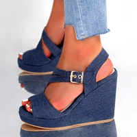 2022 women sandals wedge platform shoes for women summer denim peep toe high heel sandals backle strap thick sole sandals female