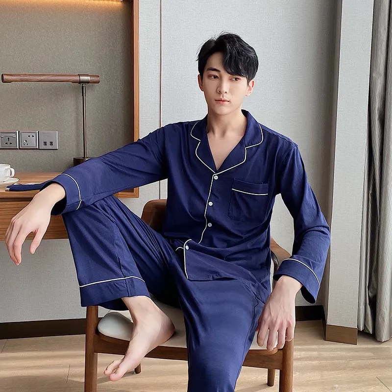 Classic Men's Pajamas Long-sleeved Slub Cotton Men's Pajama Set Male Home Clothes