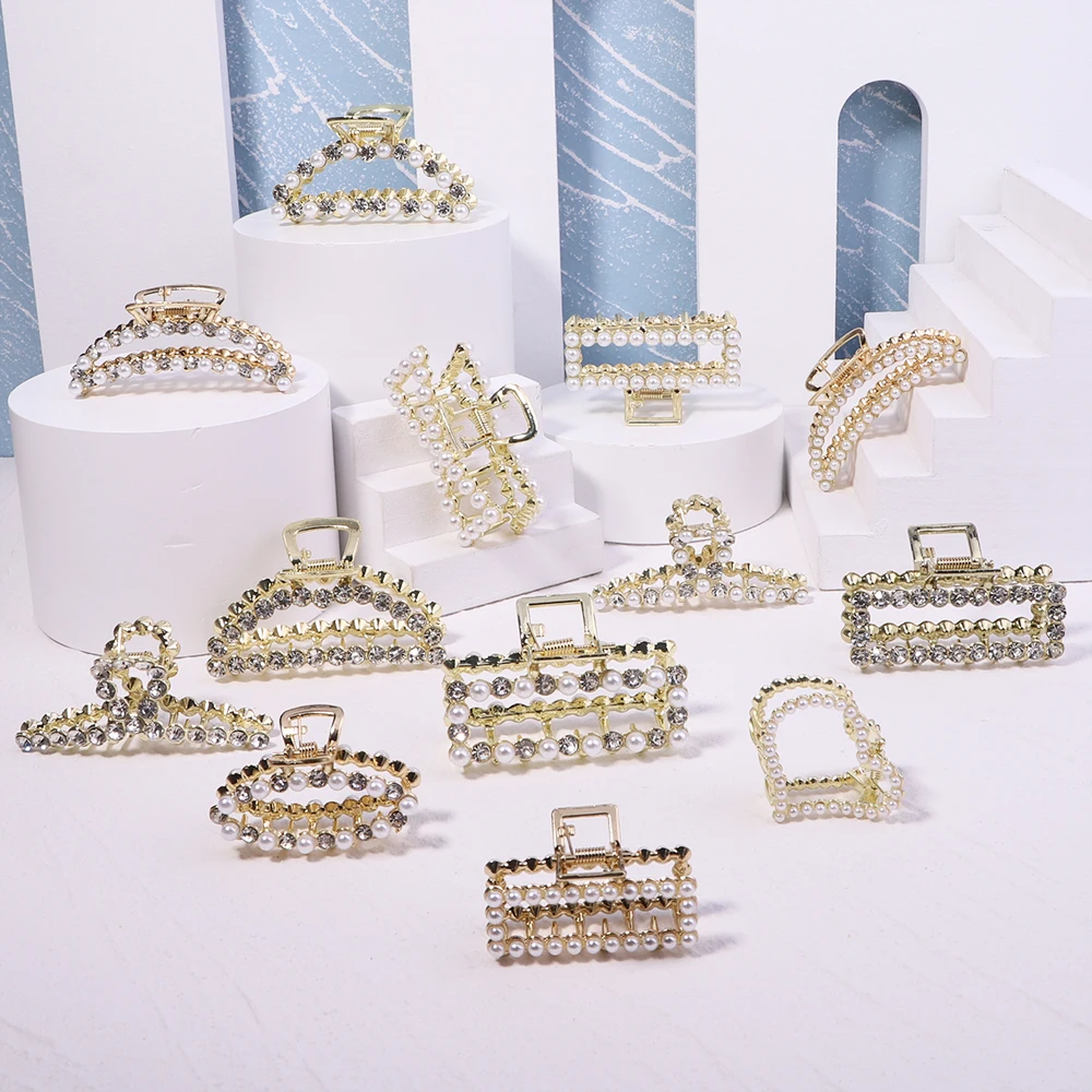 

New Women Elegant Pearls Rhinestone Geometric Hair Claws Back Hair Hold Clips Sweet Decorate Headband Fashion Hair Accessories