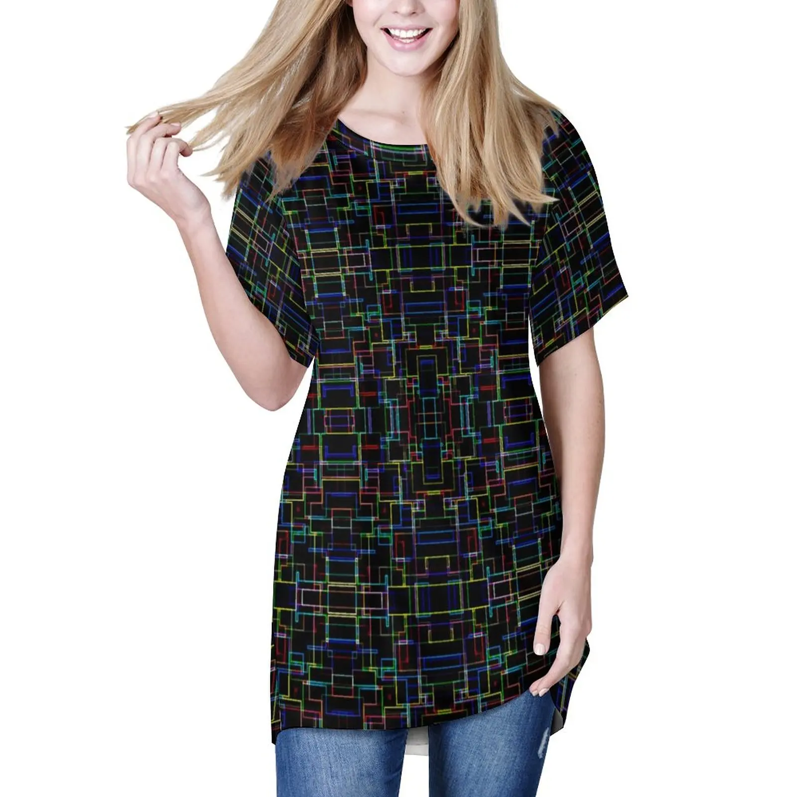 

Футболка женская с абстрактным геометрическим принтом, базовая длинная рубашка в стиле модерн, базовый топ оверсайз с коротким рукавом и гр...