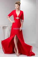 free shipping 2016 new plus size floor length small train formal beading long sleeve v neck chffon red mother of the bride dress