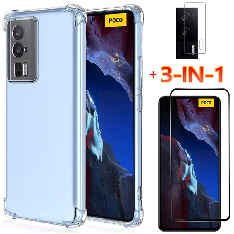 

3-in-1, Glass + Case for Poco F5 Pro 5G Soft Clear Shockproof Silicone Phone Cases Pocophone F3 Xiaomi Poco F4 GT Cover Poco F5