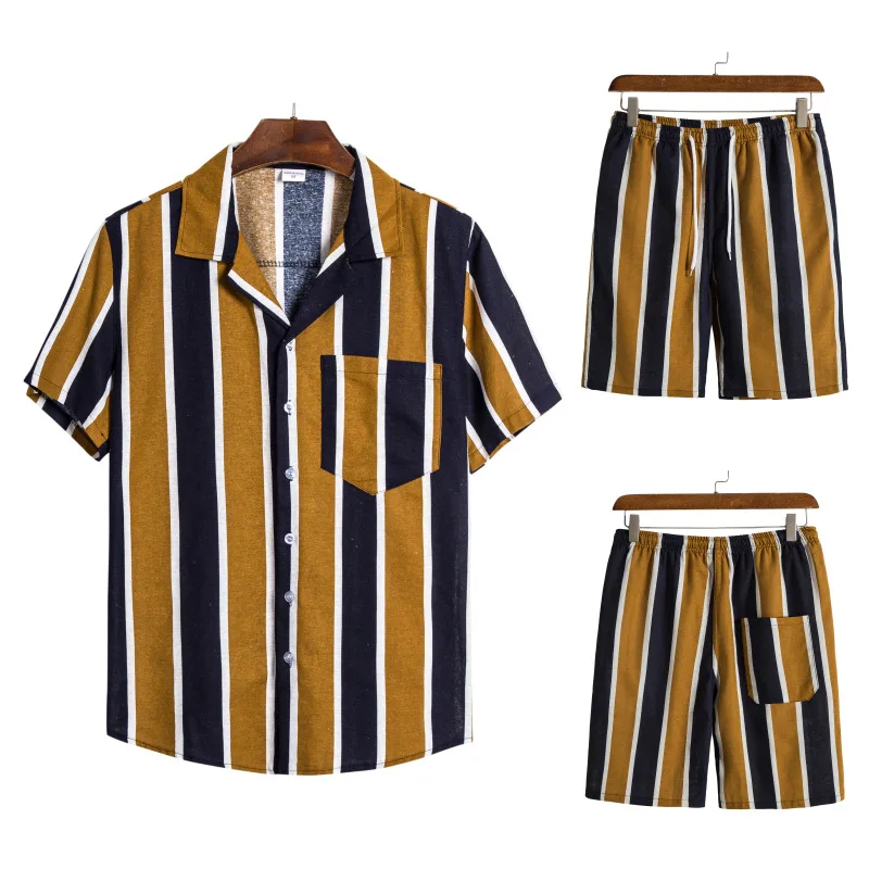 Summer Men Sets Short Sleeve Striped Tracksuit Mens Streetwear Fashion Men Shirt Shorts Sports Suit Clothing Camisa Masculina