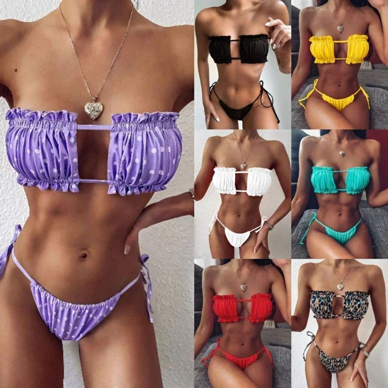 Pleated Swimsuit Female Swimwear Women Mini Thong Bikini Set Bather Swimming Beachwear for Bathing Suit Sexy
