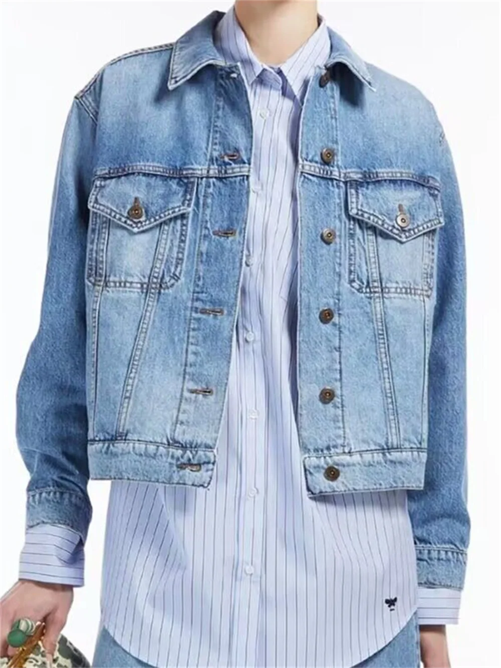 

100% Cotton Women's Denim Jacket Turn Down Collar Long Sleeve Autumn New Ladies Single Breasted Multi-Pockets Vintage Coat
