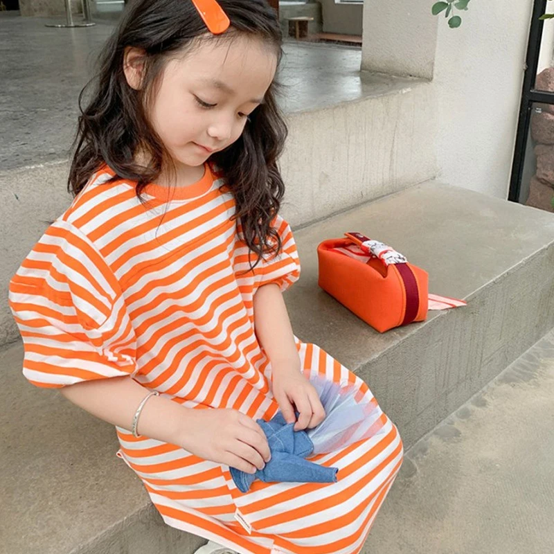 Girls T-Shirt Dress Striped Mid-Sleeve Long Top Sweater Dress 2022 Spring Summer New Fashion Casual Sports Children'S Clothing