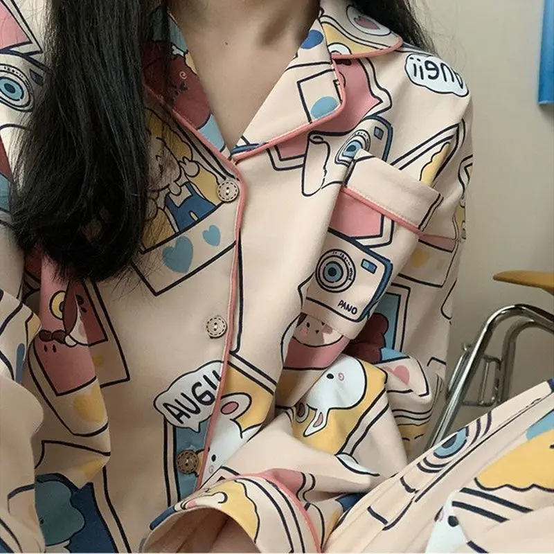 Cotton Pajamas Bow Print Lapel Pajamas Sexy Underwear Women's Home Clothes Pajamas 2-piece set women's pajamas