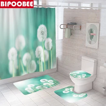 Beautiful Dandelion Shower Curtain Floral Bathroom Curtains Mildew Proof Durable Bath Mat Non-slip Rug Toilet Cover Home Decor