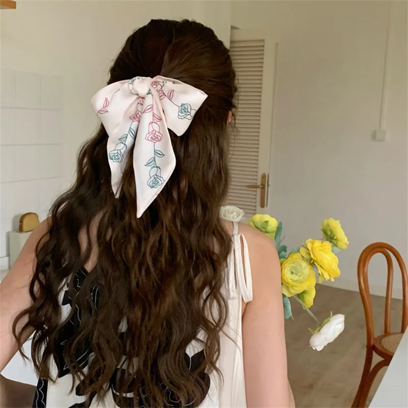 

Women Multifunction Polyester Silk Scarf Elegant Rose Flower Printed Casual Satin Small Square Wraps Scarves Shawl Hair Bands