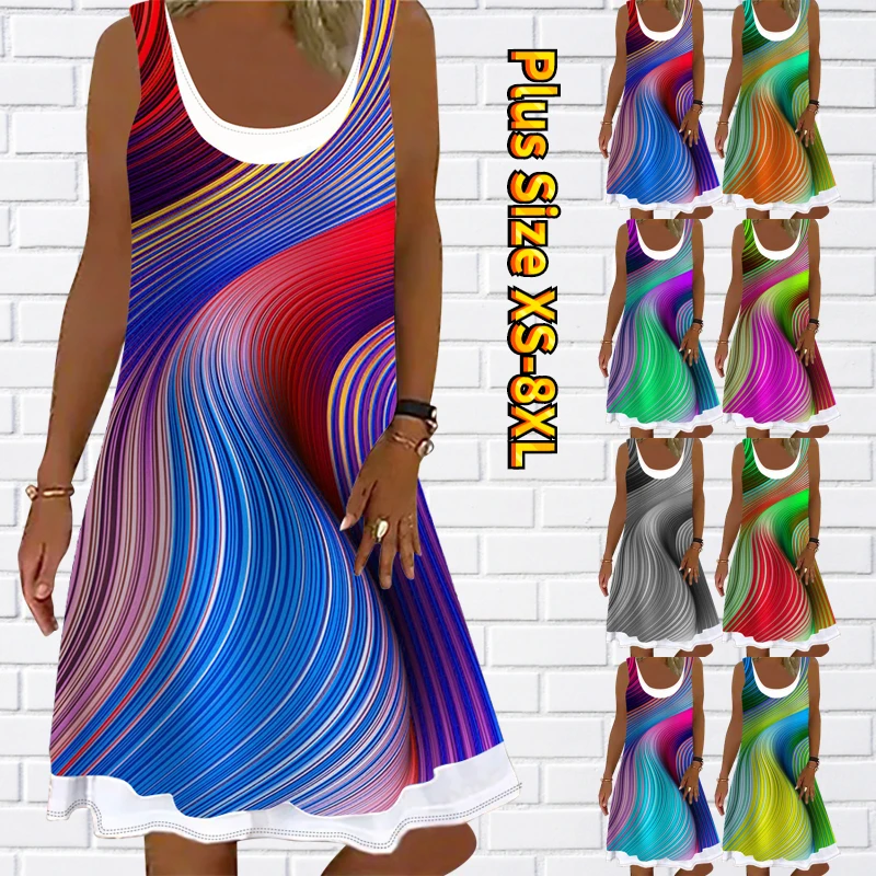 

2022 New Summer Rainbow Pattern Sleeveless Women Fashion Midi Skirt Round Collar Abstract Printed Sundress Oversize Casual Dress