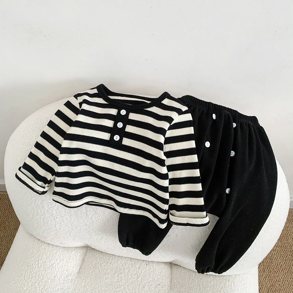 

Комплекты одежды для маленьких мальчиков, Базовая рубашка с длинным рукавом на весну и осень, детский Полосатый пуловер + штаны, комплект детской одежды из 2 предметов