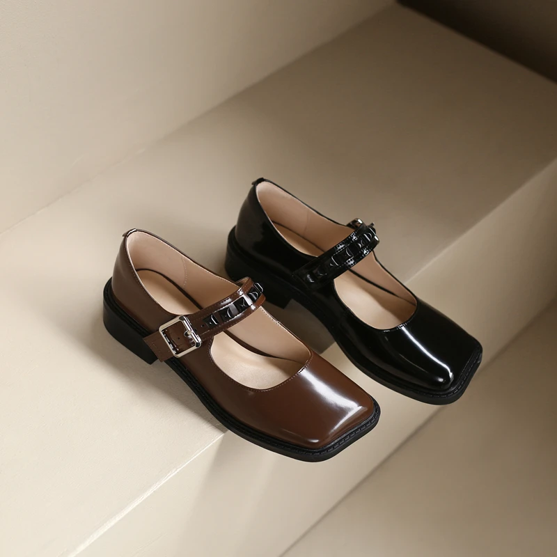 Genuine Leather Girls Flats Black Brown Dress Mary Jane Shoes Preppy Style Vintage Crystal Buckle Soft Square Toes Zapatos Mujer