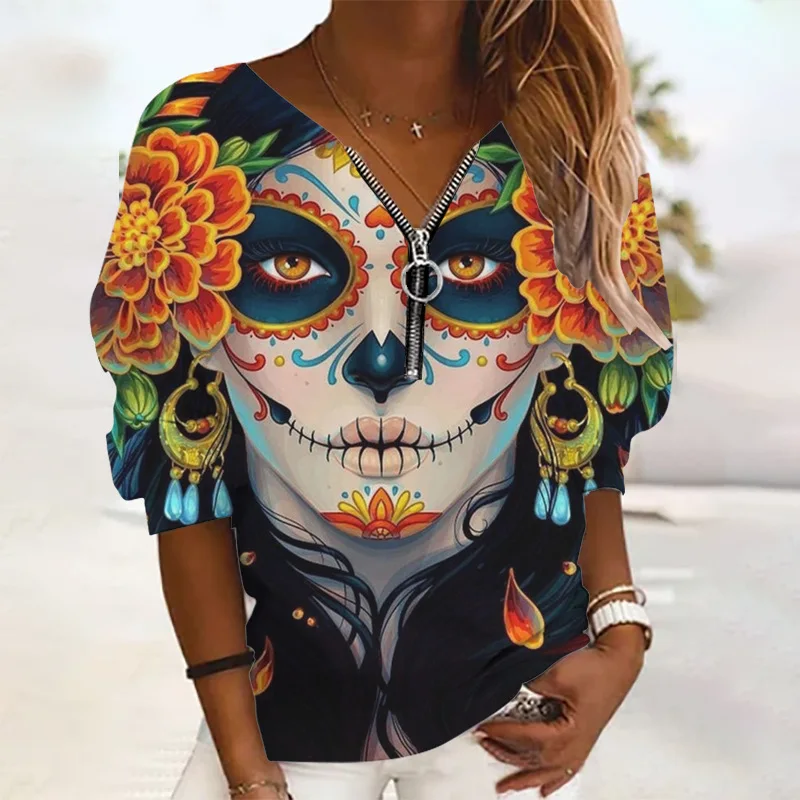 

New fashion Halloween printed long sleeve zipper loose women's casual clothes in the autumn of 2022