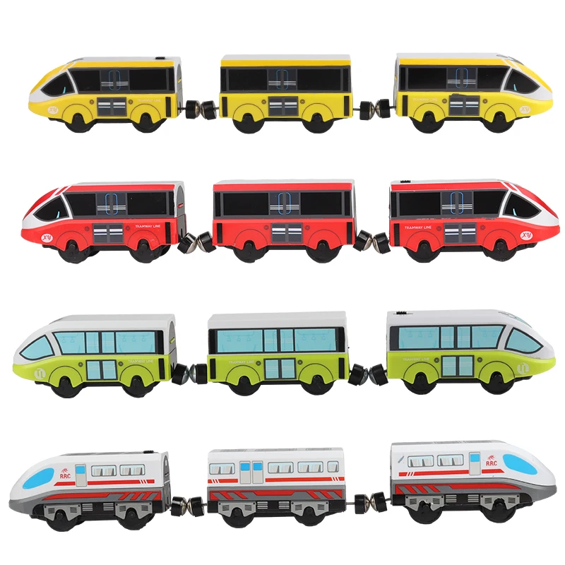 

Деревянные игрушки для поездов на радиоуправлении, аксессуары для железной дороги, электрические поезда с дистанционным управлением, магнитный Железнодорожный автомобиль для детей
