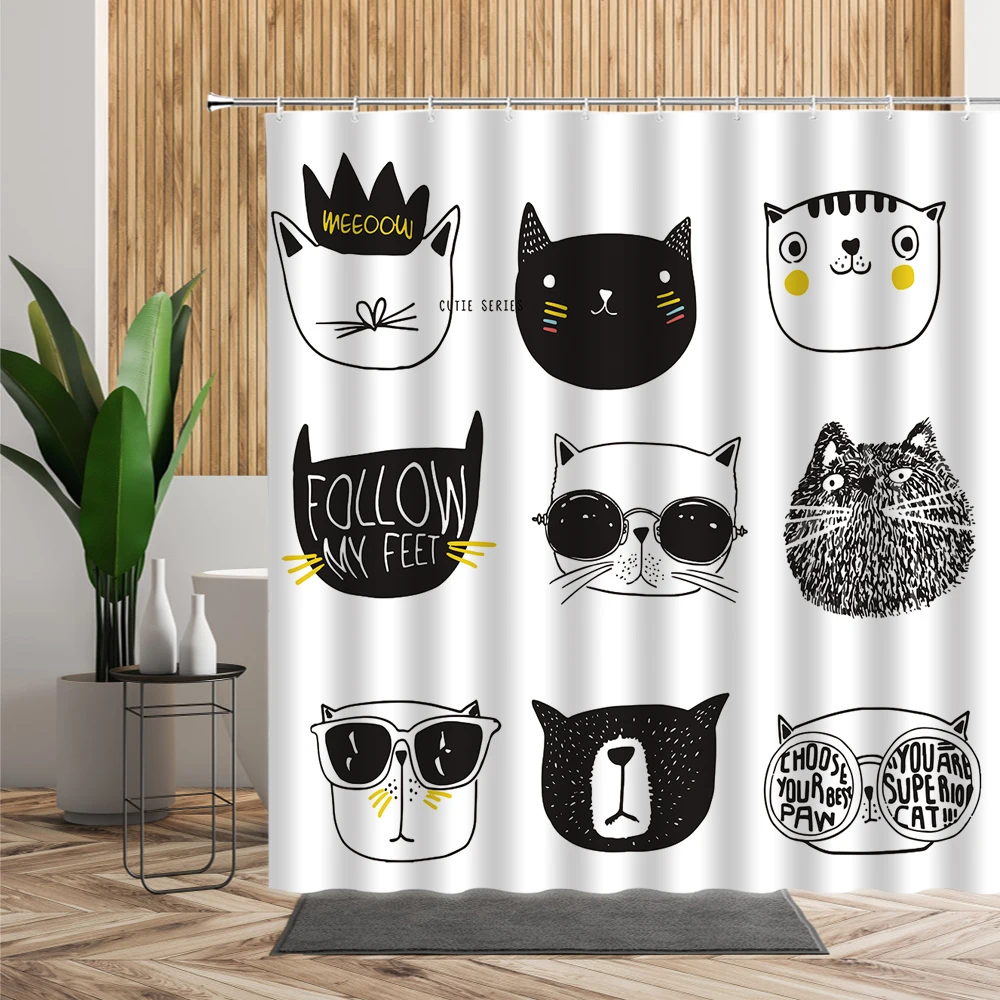 

3D Cartoons Black White Cat Bathroom Waterproof Shower Curtain Simple Footprint Bathroom Curtains Set Bathtub Screen With Hooks