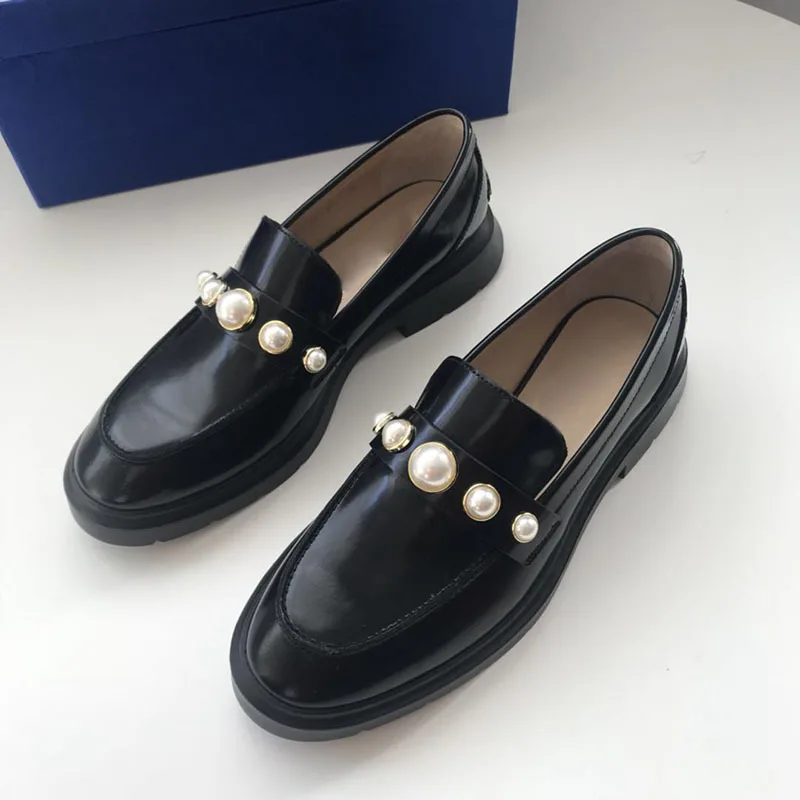 Spring and autumn new leather loafers with thick soles and small leather shoes with fringes and pearl single shoes for women