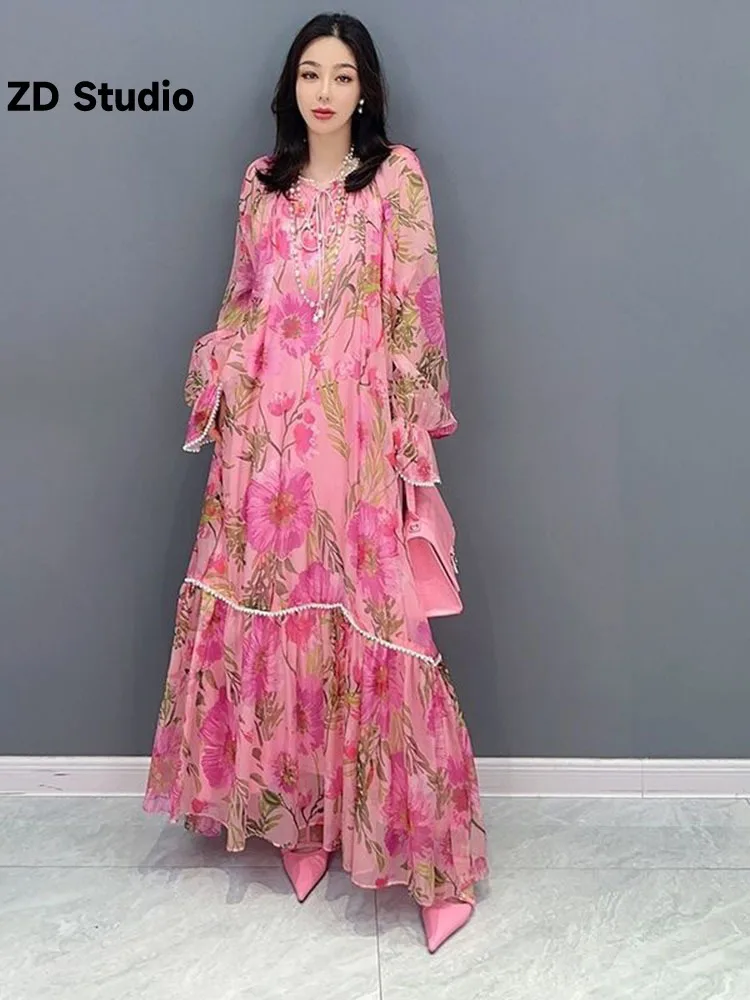 

[ZD Studio] Europe Station 2023 Summer New Chiffon Dress Fragmented Flower Large Swing Long Age Reducing
