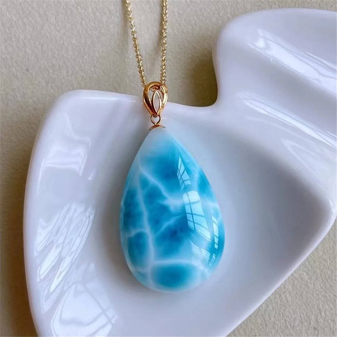 

Natural Larimar Stone Pendant 18K Gold Jewelry For Women Man 30x18x10mm Beads Dominica Water Pattern Gemstone Crystal AAAAA