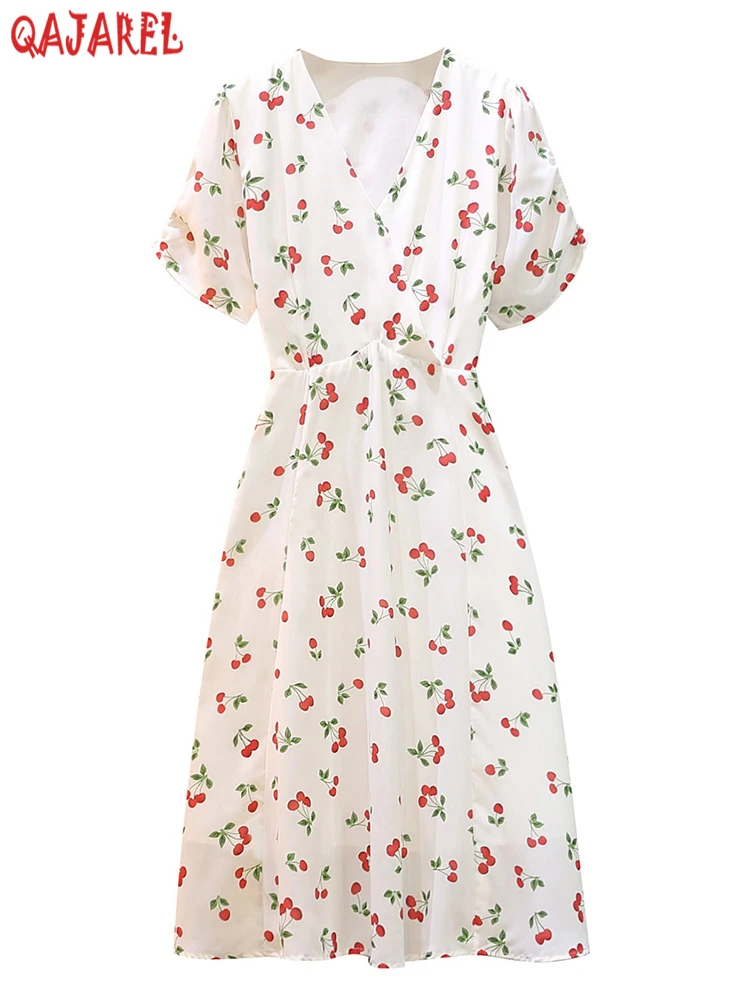 

2023 Summer French Floral Cherry Chic Midi Dress Holiday Beach Casual Party White Elegant Long Dress Women's Bodycon Night Dress