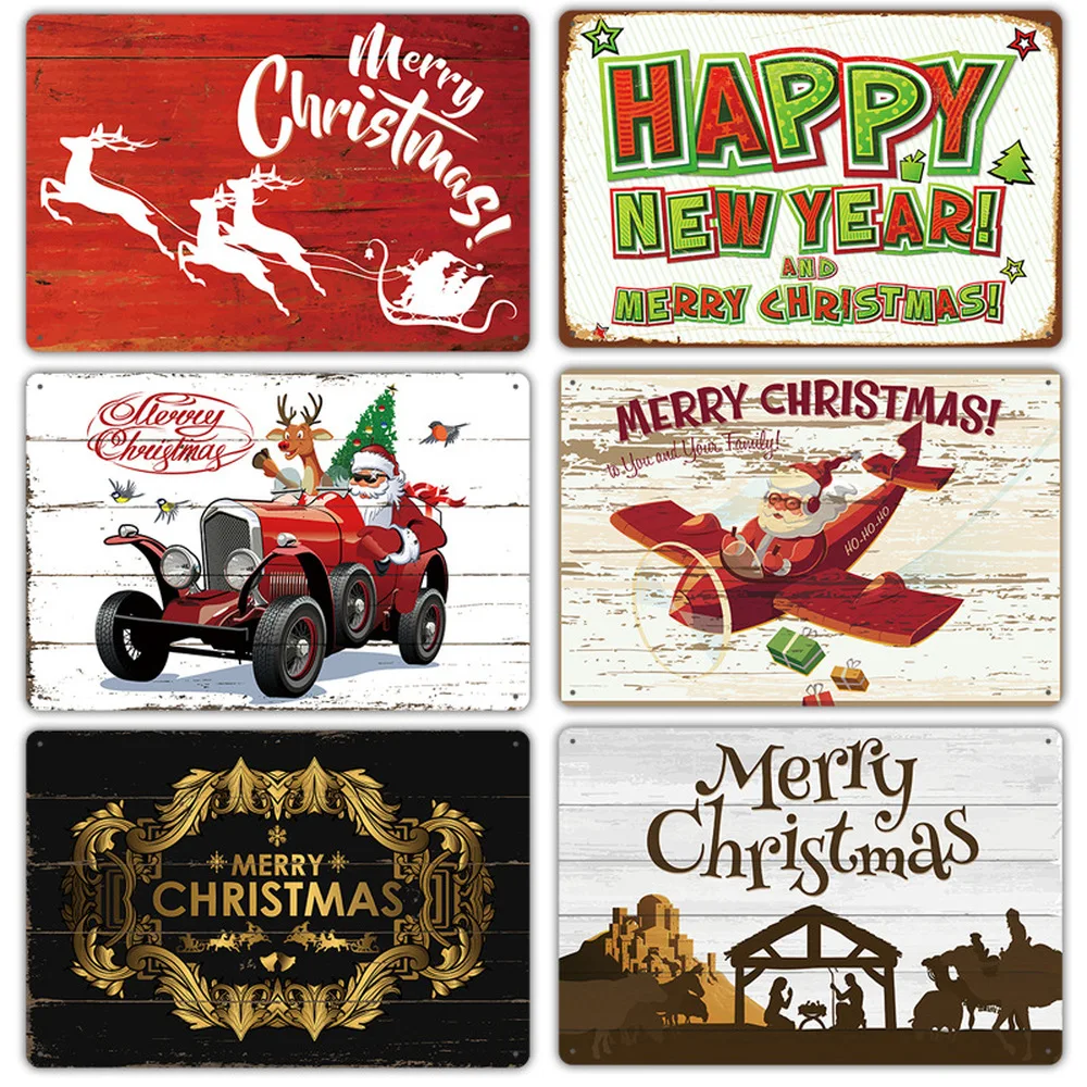 

Retro Merry Chrismas Metal Tin Signs Happy New Year Plaque Wall Decor for Barbecue Bar Pub Kitchen Party Vintage Metal Plate