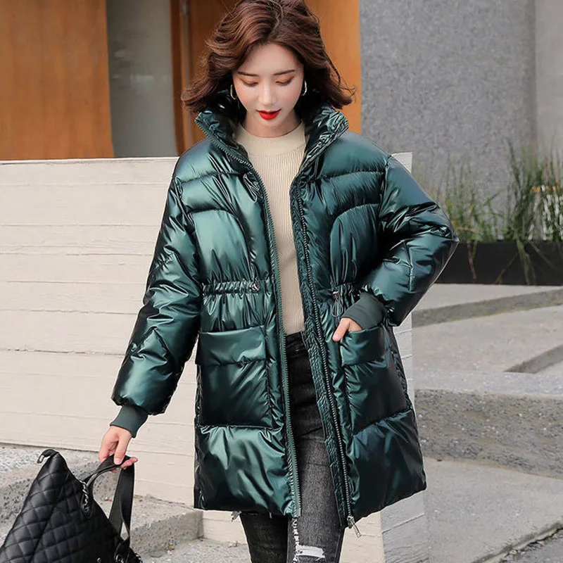 Christmas parkas Winter Bright Cotton Jacket Women's Mid-Length Down Padded Jacket Loose Red Coat Thick Warm Female Outerwear