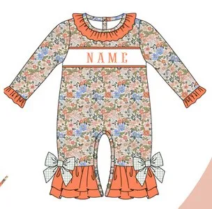 

Girl And Baby Boy New Cotton Customizable Name Styles Presale Models Orange Floral Romper Sets Lattice Pants With Bow Ropa