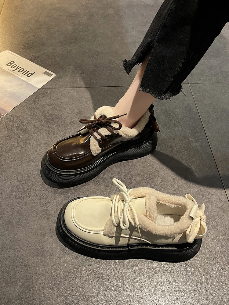 

Лоферы на платформе с бантом женские, Меховые Туфли-оксфорды в британском стиле, обувь на толстой подошве в Корейском стиле, Осень-зима 2022