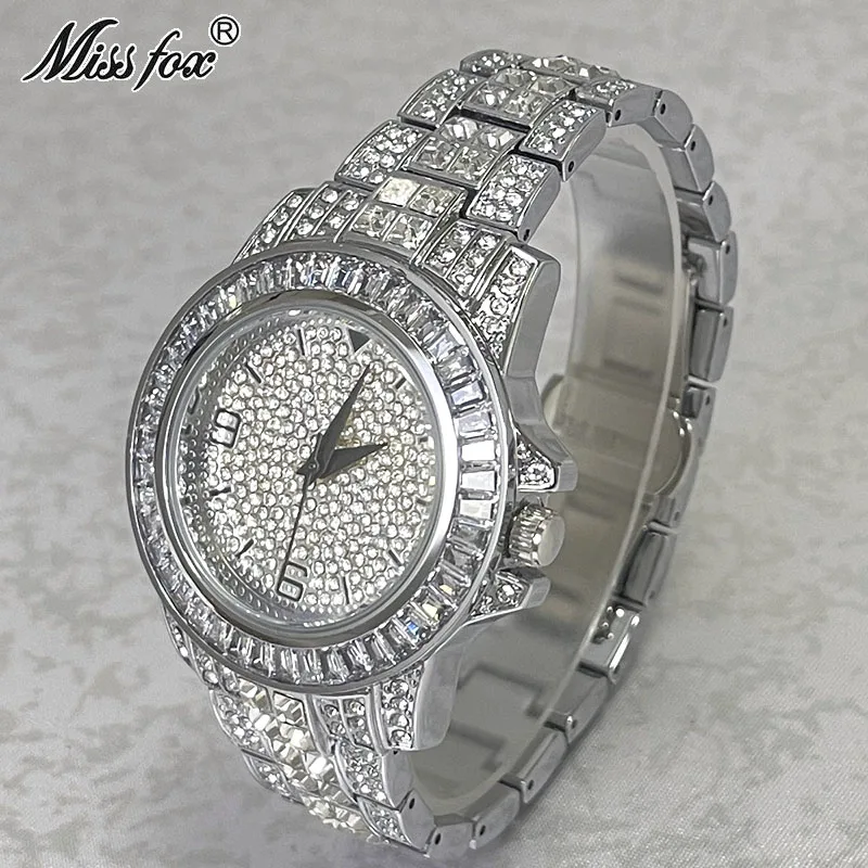 

Hip Hop MISSFOX Fashion Brand Men Watches Silver Stainless Steel Luxury Quartz Wristwatch Iced Out Diamond Clocks Free Shipping