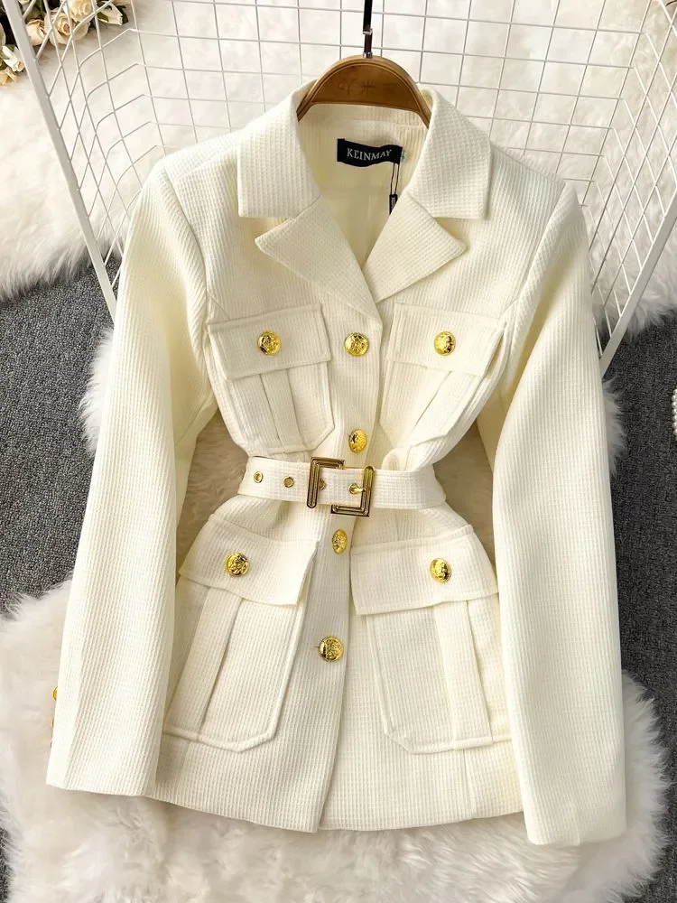 New Autumn Winter Outerwear Fashion Checkered Vintage Golden Buttons Pocket Women's Notched Collar Belted Blazers Jackets Tops