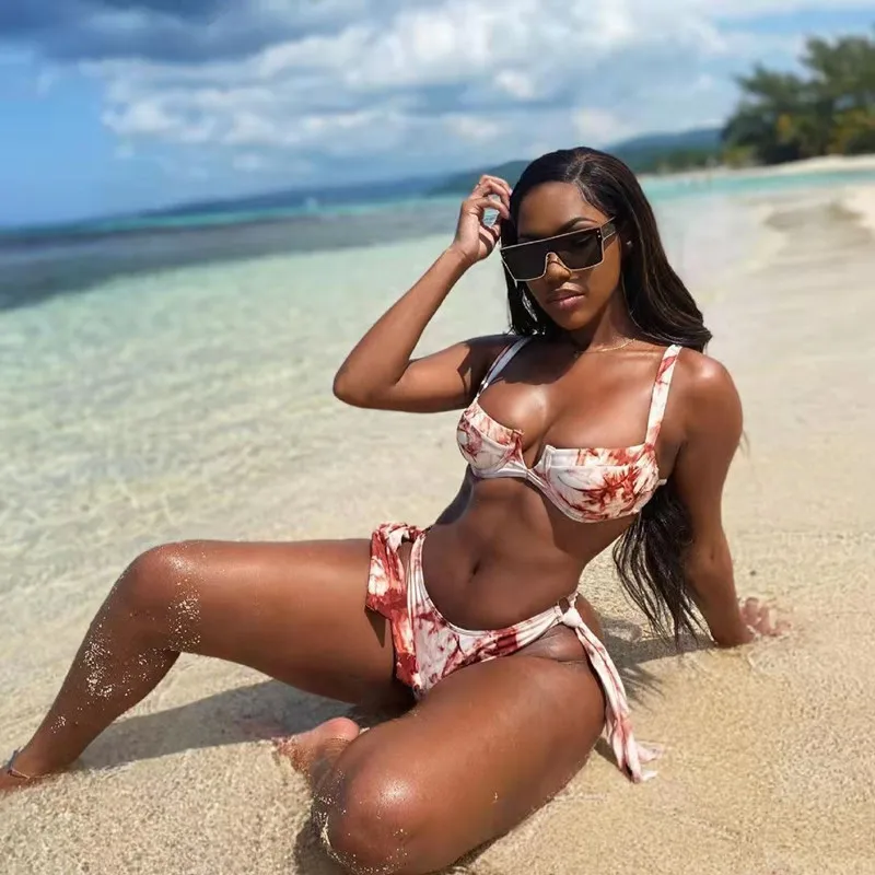 

2022 Women's Bikini Set Push Up Low Waist Swimsuit Padded Bathing Suit Female Thong Printed 2 Piece Swimwear Swim Clothing Beach