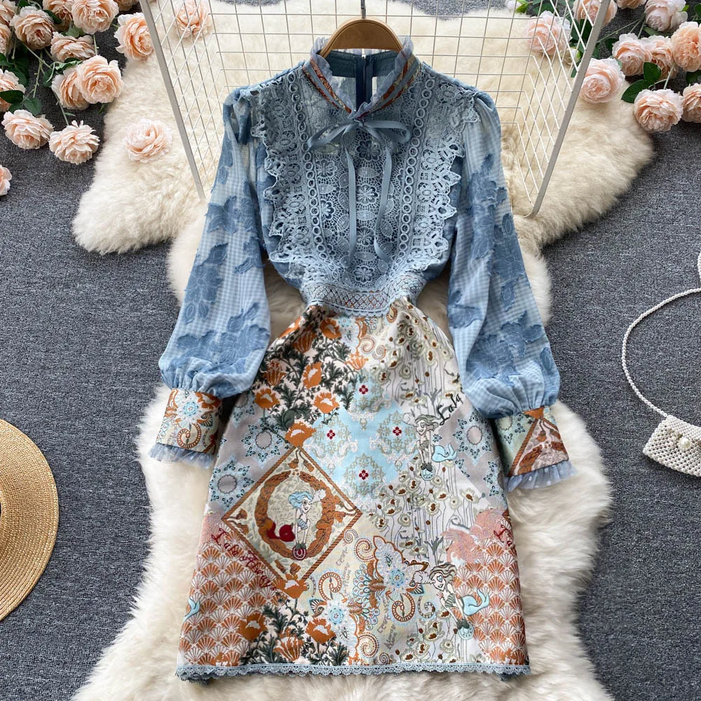 European Station Heavy Embroidery Long Sleeve French Temperament Standing Print Waist Dress