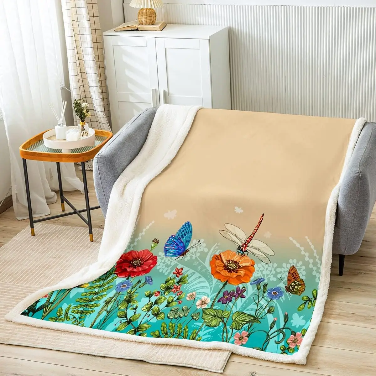 

Butterfly Dragonfly Kids Throw Blanket,Sunflowers Rustic Farmhouse Bed Blanket for Girls Boys Adults,Animals Botanical