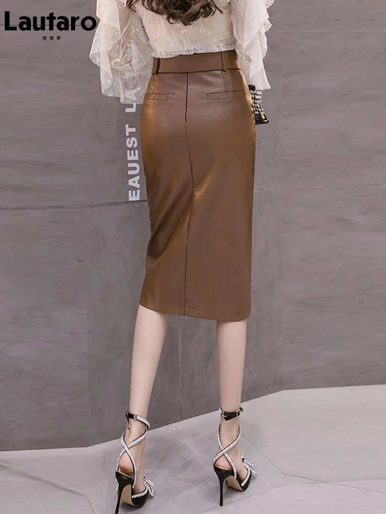Lautaro весна осень черная мягкая юбка-карандаш из искусственной кожи женская с