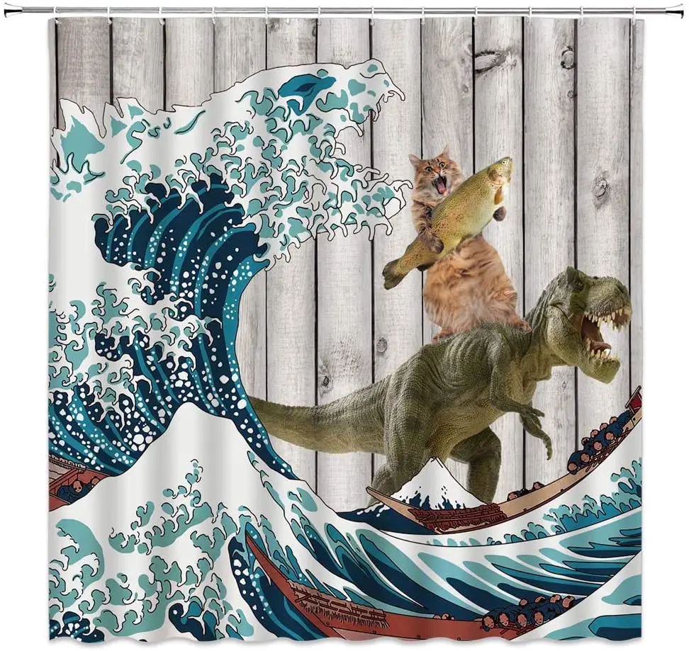 

Funny Animals Shower Curtain Cat Rides A Whale To Fight Pattern Waterproof Multi-size Bathroom Decor with Hooks Bathroom Curtain
