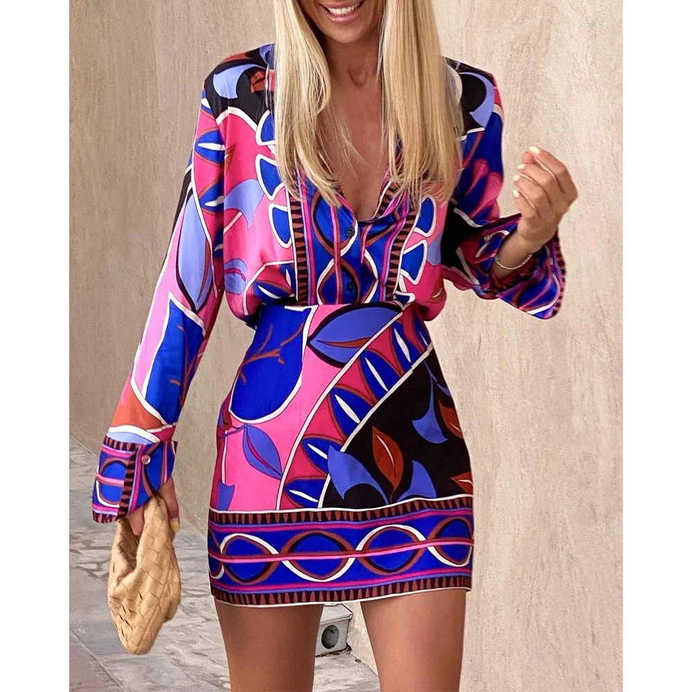 

Women Allover Print Long Sleeve Button Down Shirt & Skirt Set 2022 Spring Autumn Office Lady Sexy V Neck Two Piece Suit
