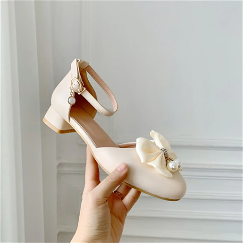 

New Children Leather Shoes Girls High Heels Princess Baby Fashion Bow Dance Shoes Kids Student 02C