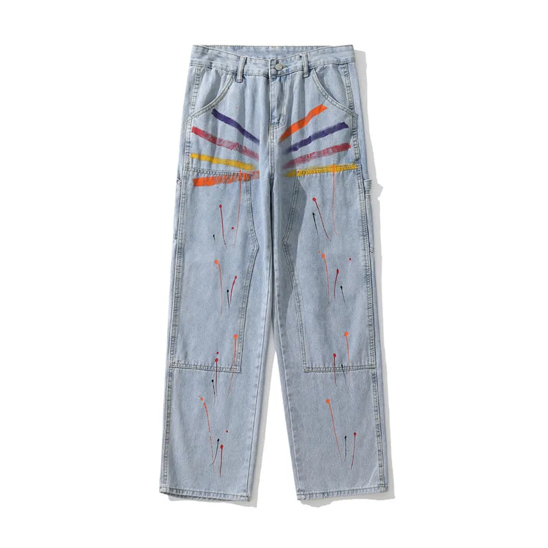 Blue Black Baggy Graffiti Jeans Men Fashion Casual Wide Leg Jeans Mens Streetwear Loose Hip Hop Straight Denim Pants Men M-2XL
