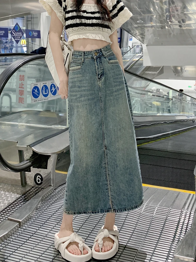 

Harajuku Vintage Denim Skirt Women Bottoms High Waist Front Slit Streetwear Jean Skirt Sexy Wrap Hip Midi Long Skirts Saia Jeans