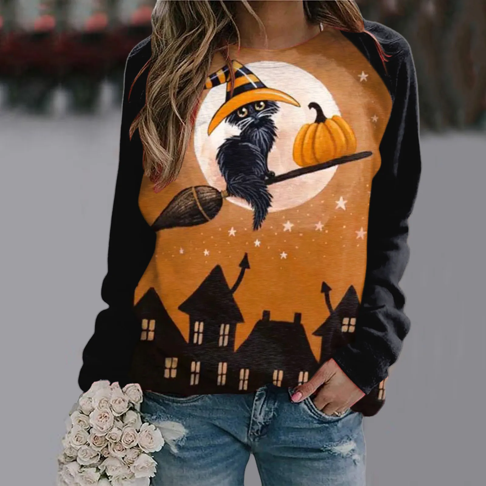 Осенне-зимние женские свитшоты с принтом кота на Хэллоуин Осенняя Модная