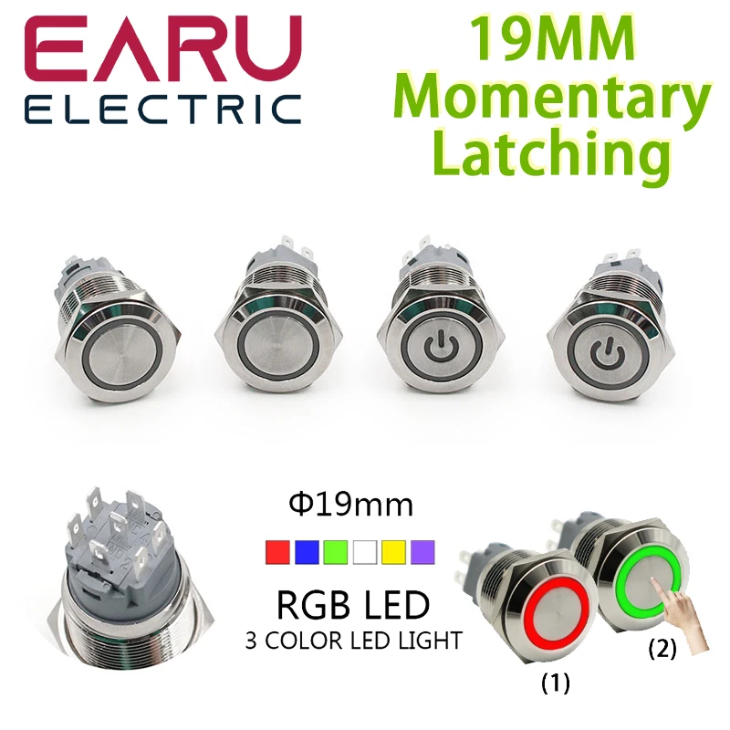 19mm 2 Dual 3 Triple Color RGB LED Light Switch Self-reset Fixation Waterproof Metal Push Button Switch Power 5V 12V 24V 220V
