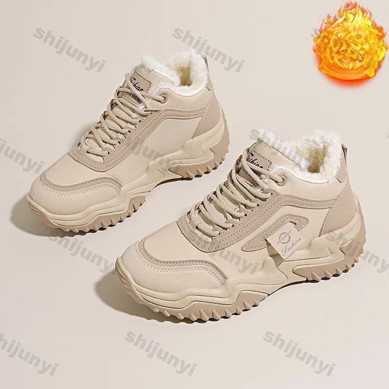 Зимние женские ботинки плюшевые теплые высокие корейские ботильоны на платформе