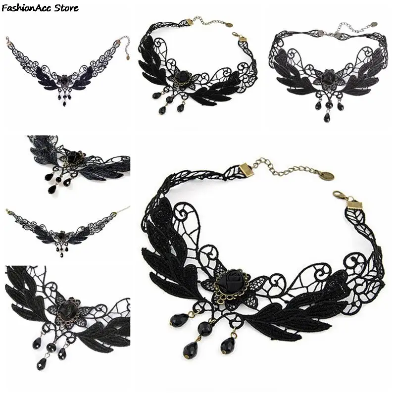 1 pcs gothic vintage hot sale women black rose teardrop pendant sexy lace necklace lolita collar necklace brand newly free global shipping