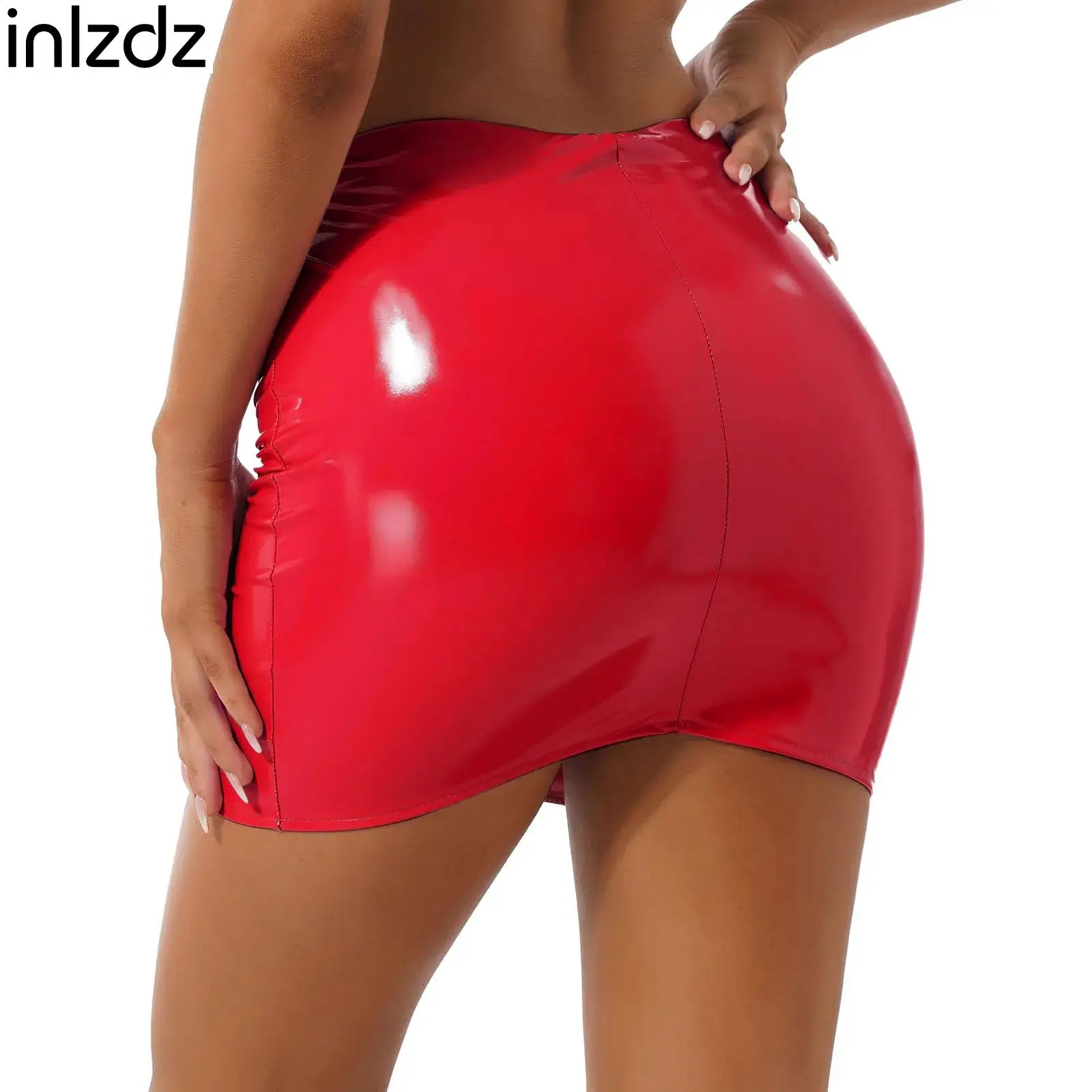 Короткая блестящая женская юбка-карандаш из лакированной кожи с высокой талией